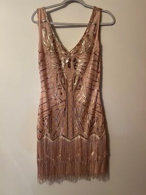 Flapper Dress Fringe V-Neck Cocktail in Blush Pink